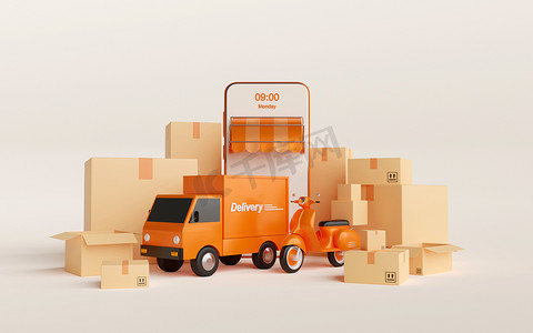 移动应用程序的送货服务，卡车或摩托车运输送货，3D 插图