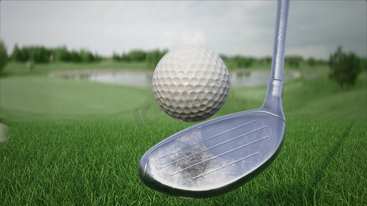 高尔夫上杆摄影照片_3d 渲染在球场侧视图上用球杆击打高尔夫球