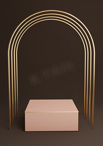 深棕色 3D 渲染最小的产品展示立方体讲台或带有豪华金拱门和金线的展台。