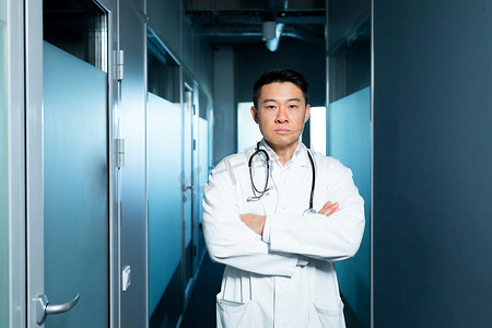 病房附近走廊里一位严肃的亚洲医生的肖像，他是诊所里的一名男子