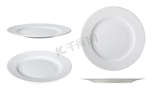 餐盘餐盘摄影照片_白色餐盘，带有不同角度的剪切路径