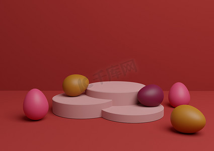 明亮的栗色、深红色 3D 渲染复活节主题产品展示台或展台组合，彩蛋最小，简单，适用于多种产品