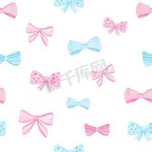 粉色和蓝色蝴蝶结白色背景上的无缝图案。