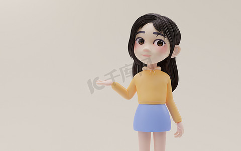 小女孩用卡通风格张开手掌，3D 渲染。