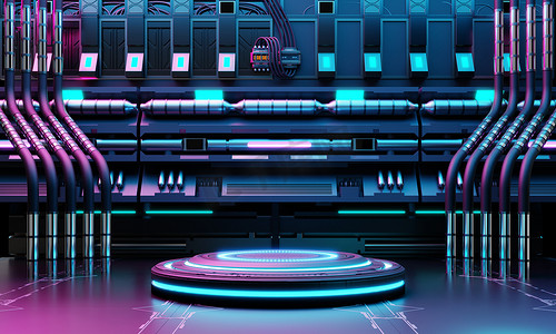 赛博朋克科幻产品讲台展示在蓝色和粉色背景的宇宙飞船基地。