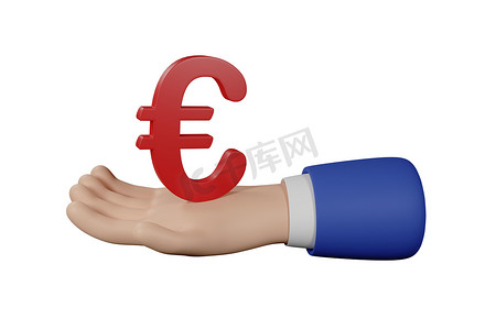 3D 卡通商人人物手握着一个孤立在白色背景上的欧元符号。