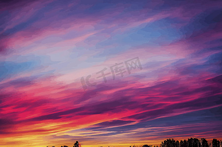 太阳落山时美丽的粉红色和紫色天空和夜晚云彩的插图。