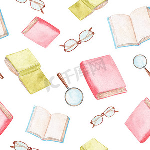 水彩书和眼镜在白色背景上的无缝图案。