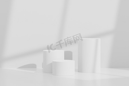 3D 抽象背景白色讲台，用于产品展示和品牌广告，带有窗户和屋顶的阴影。