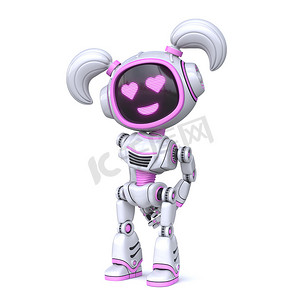 可爱的粉色女孩机器人坠入爱河3D