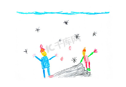 两个人的孩子在雪滑梯上玩耍的插图