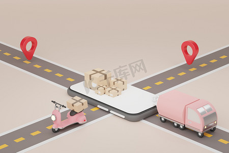 地图标位置图标摄影照片_3d 渲染棕色纸板箱包裹与卡车、摩托车和道路。