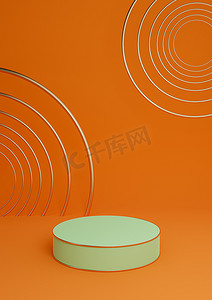 豪华线条摄影照片_霓虹橙色、亮红色 3D 渲染最小产品展示豪华圆柱台或产品背景抽象构图与金线和圆圈