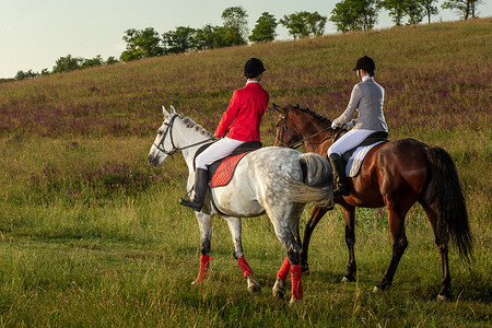 女子骑马摄影照片_两名年轻女子在公园里骑马。
