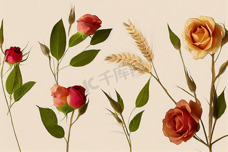 秋小麦，工艺米色背景的玫瑰花组合物，