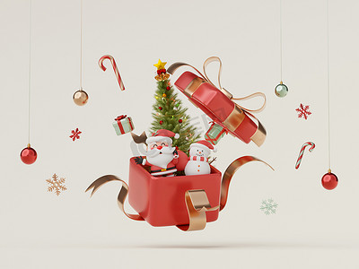 圣诞销售摄影照片_圣诞快乐，新年快乐，与圣诞老人和雪人一起庆祝圣诞的场景，带大礼盒，3D 渲染