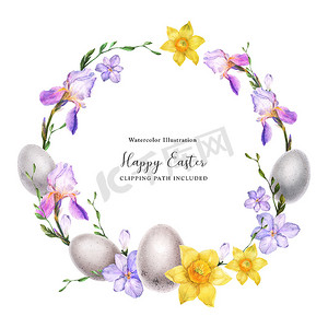 用鲜花和鸡蛋装饰水彩花环