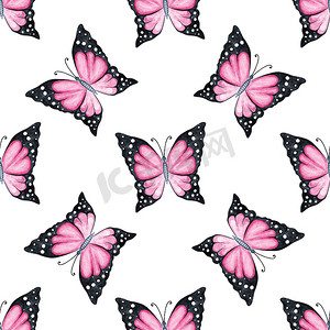 白色水彩粉色蝴蝶无缝图案