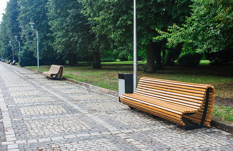 雨后城市公园的花园长椅