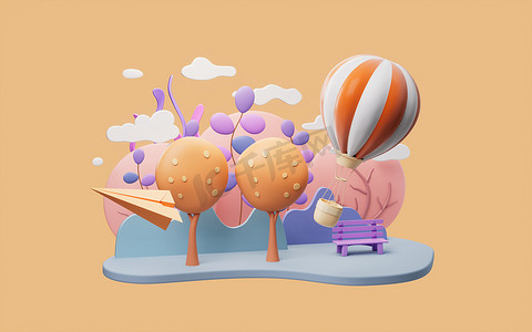 卡通热气球与公园场景，3D 渲染。