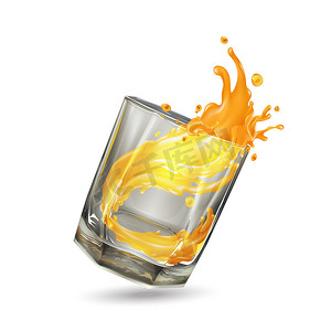 溅出摄影照片_橙汁从掉落的玻璃杯中溅出。