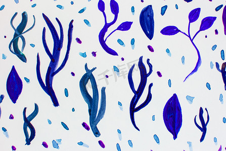 写意树枝摄影照片_植物元素的水彩插图集 — 蓝色、紫色、丁香、粉红色草植物、叶子、白色背景上的树枝
