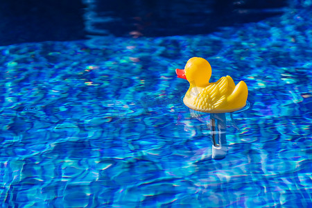 黄色橡胶鸭玩具在水中。游泳池水纹理。