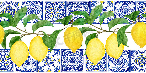 手绘水彩无缝边框与黄色柑橘柠檬，蓝色白色葡萄牙 azulejo 瓷砖。