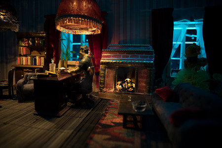 一个逼真的玩具屋客厅，晚上有家具和窗户。