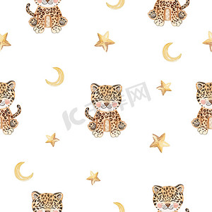 水彩可爱的豹子和星星无缝图案在白色背景上用于织物、婴儿纺织品、睡衣、品牌、邀请函、剪贴簿、包装