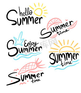 旅行手绘元素摄影照片_夏季假期、旅游、海滩度假、阳光的夏季标签、标志、手绘标签和元素集。