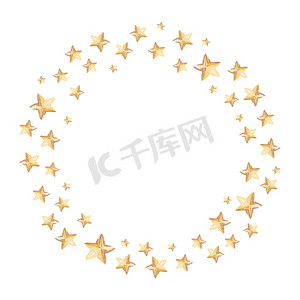 黄色星星摄影照片_水彩圆形框架与孤立在白色背景上的黄色星星。