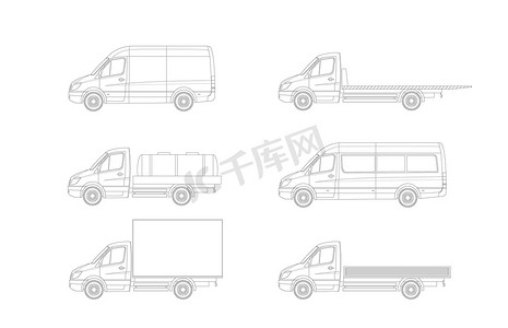 一组具有各种车身选项的现代轻型卡车草图。