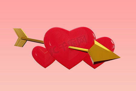 带有金色丘比特箭的心脏的 3D 渲染
