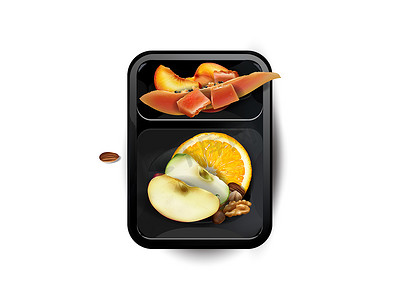 饭盒便当摄影照片_午餐盒里装着各种水果和坚果。