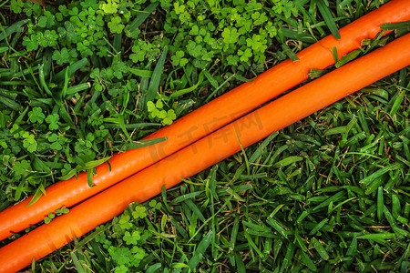 亮橙色软管（两条线）在绿色草坪上对角延伸。