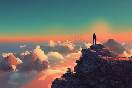 日落时，徒步旅行者站在云层之上的山崖上