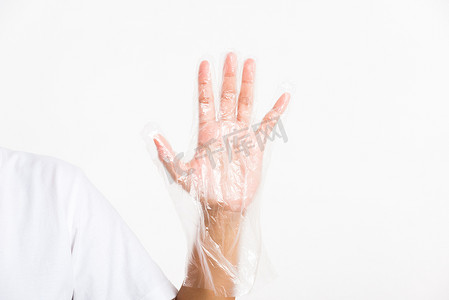 女性手戴一次性保护一次性透明塑料手套