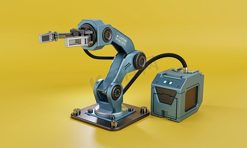 带手柄和电源的机器人手臂，用于黄色背景的制造工厂。