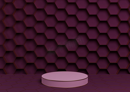 深洋红色，紫色 3D 渲染产品展示台豪华金色蜂窝抽象背景与圆柱支架最小，自然豪华蜂蜜产品的简单模板