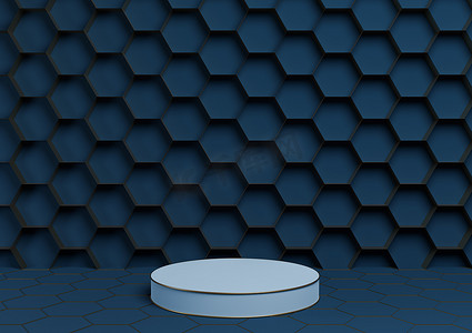 深水蓝色 3D 渲染产品展示台豪华金色蜂窝抽象背景与圆柱支架最小，自然豪华蜂蜜产品的简单模板
