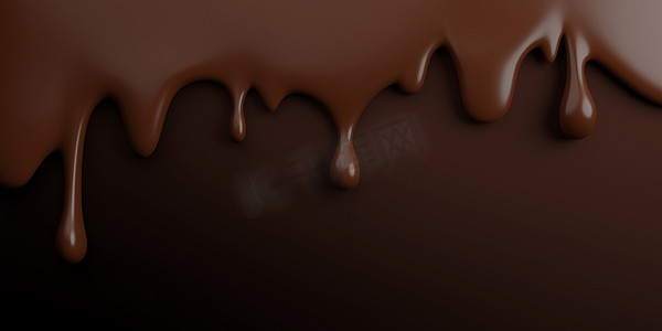 融化的巧克力滴摄影照片_棕色背景上融化的巧克力，带有复制空间 3D 渲染