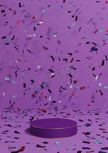 明亮的紫色、紫色 3D 渲染产品展示基座周年纪念产品，在讲台周围用五彩纸屑庆祝，金色线条用于奢侈品简单、最小的背景