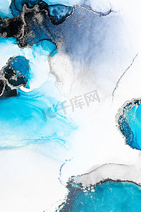 纸上大理石液体水墨艺术画的蓝色银色抽象背景。