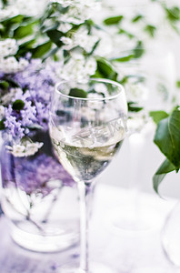 葡萄酒酒装饰摄影照片_法国白葡萄酒 — 酒庄、美食和庆典概念