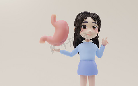 小女孩展示卡通风格的胃模型，3D 渲染。