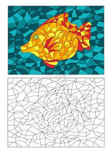 鱼抽象摄影照片_彩色玻璃风格的黑白和彩色插图与抽象鱼。
