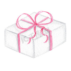 蝴蝶结水彩摄影照片_水彩白色礼品盒，带粉色丝带和蝴蝶结，隔离在白色背景上，用于生日聚会请柬和卡片