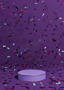 紫色讲台摄影照片_深紫色、紫色 3D 渲染产品展示基座周年纪念产品，在讲台周围用五彩纸屑庆祝，金色线条用于奢侈品简单、最小的背景