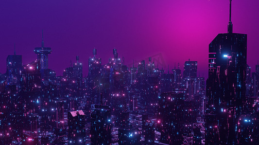 城市霓虹摄影照片_太空时代概念精彩霓虹城市横幅背景 3d 渲染